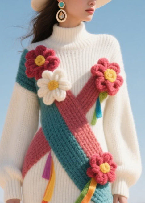 Beautiful White High Neck Patchwork Flower Knit Sweater Dress Winter