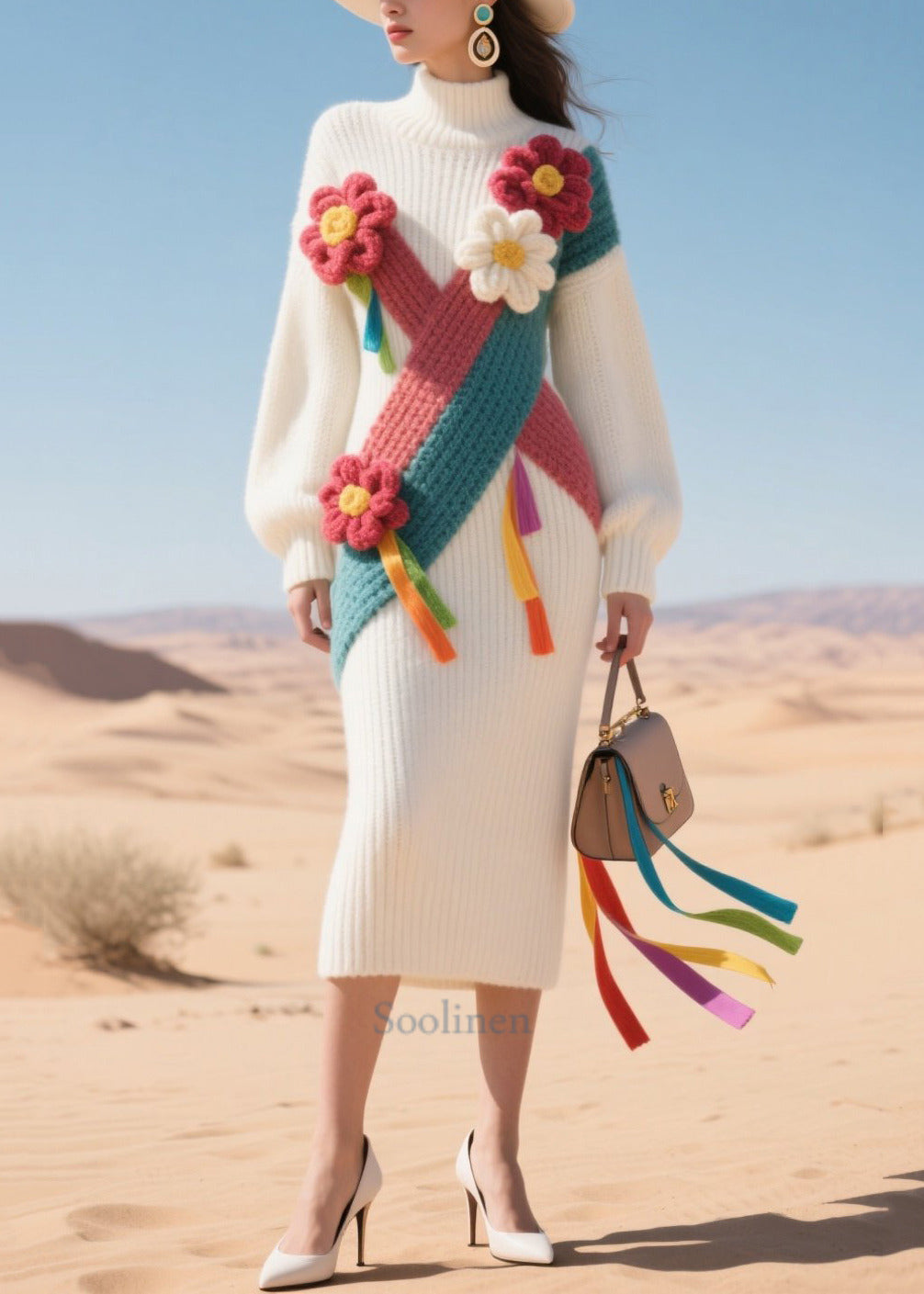 Beautiful White High Neck Patchwork Flower Knit Sweater Dress Winter