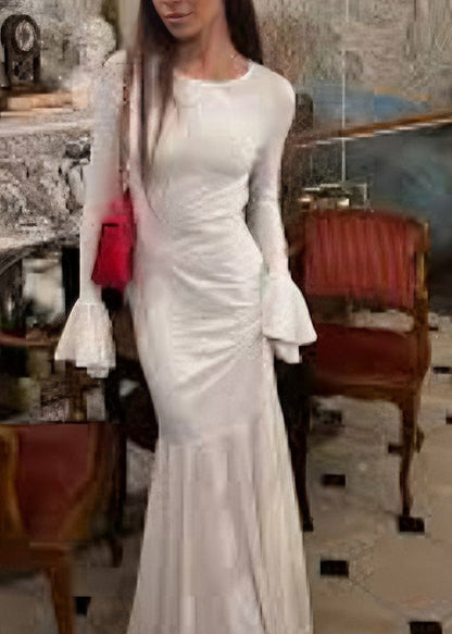 Beautiful White O Neck Backless Lace Up Silk Dress Flare Sleeve