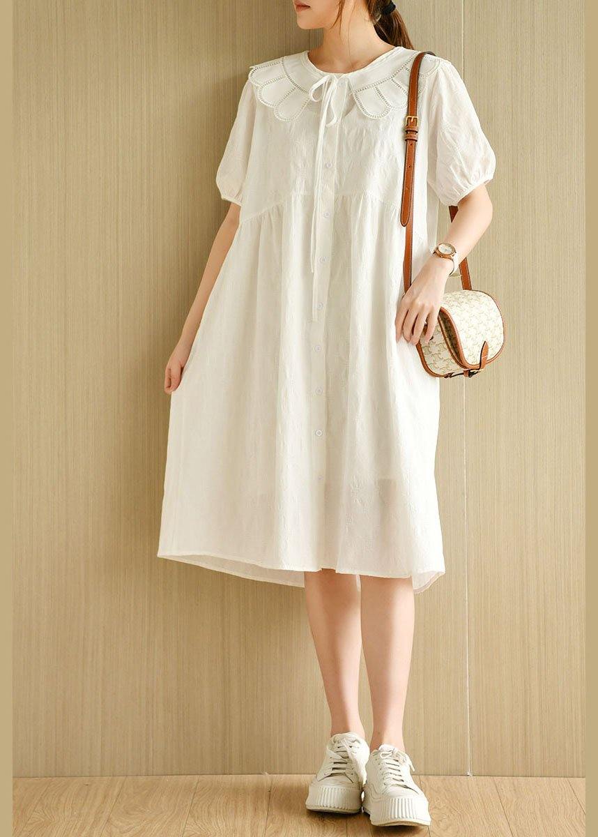 Beautiful White O-Neck Jacquard Summer Cotton Party Dresses Short Sleeve - SooLinen