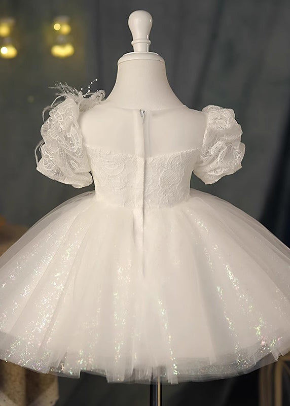 Beautiful White O-Neck Sequins Tunic Tulle Kids Maxi Dresses Summer