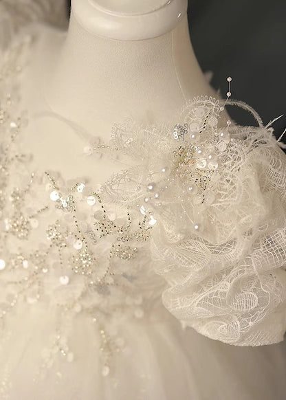 Beautiful White O-Neck Sequins Tunic Tulle Kids Maxi Dresses Summer