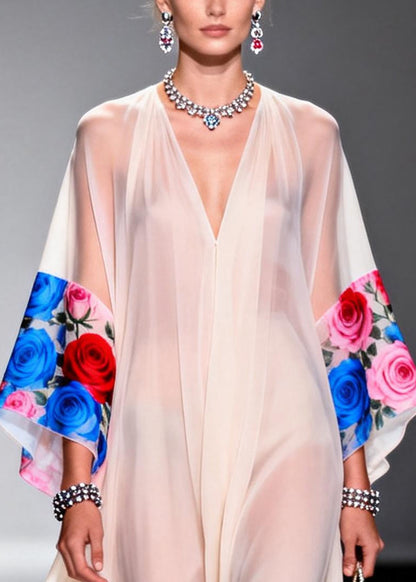 Beautiful White Oversized Floral Print Chiffon Maxi Dresses Summer