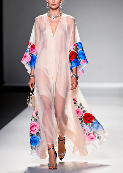 Beautiful White Oversized Floral Print Chiffon Maxi Dresses Summer