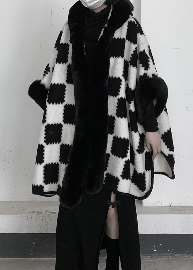 Beautiful White Oversized Plaid Woolen Hooded Jacket Winter