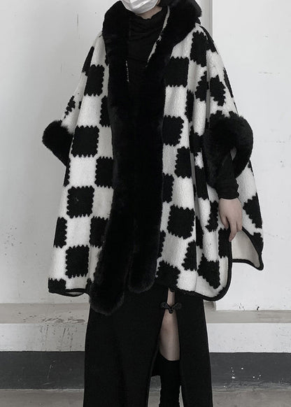 Beautiful White Oversized Plaid Woolen Hooded Jacket Winter