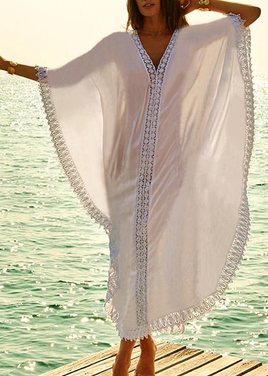 Beautiful White Patchwork Hollow Outkimono robe Summer Maxi Dress - SooLinen