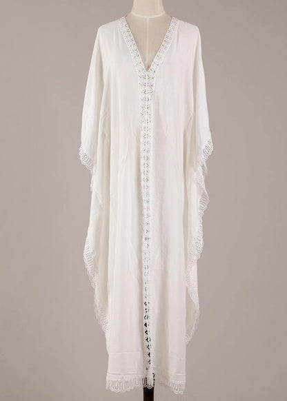 Beautiful White Patchwork Hollow Outkimono robe Summer Maxi Dress - SooLinen