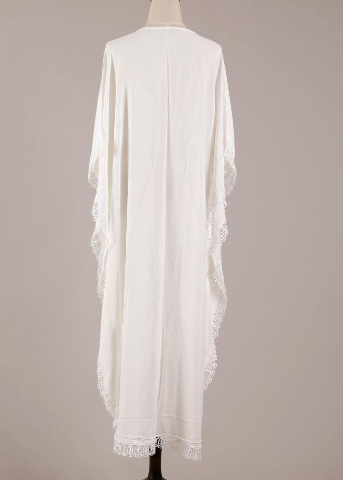 Beautiful White Patchwork Hollow Outkimono robe Summer Maxi Dress - SooLinen