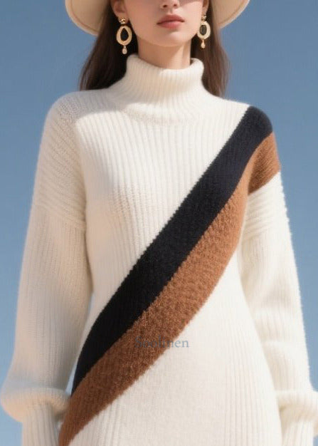 Beautiful White Patchwork Thick Sweater Dress Winter