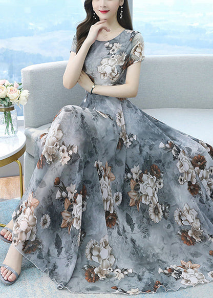 Beautiful White Print Exra Large Hem Chiffon Vacation Dresses Summer