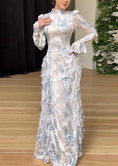 Beautiful White Print Ruffles Chiffon Long Dresses Spring