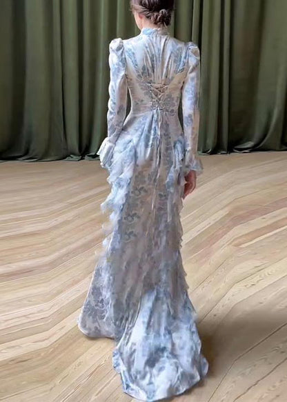 Beautiful White Print Ruffles Chiffon Long Dresses Spring