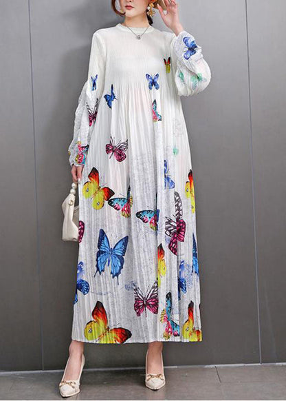 Beautiful White Print Wrinkled Long Dress Fall