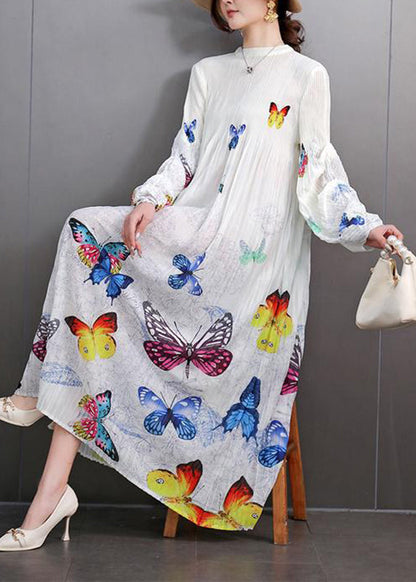 Beautiful White Print Wrinkled Long Dress Fall