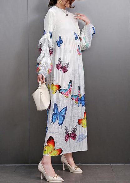 Beautiful White Print Wrinkled Long Dress Fall