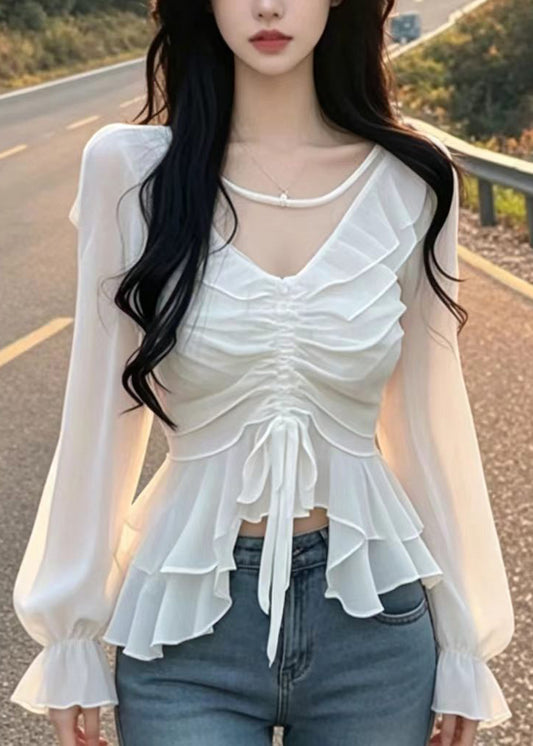 Beautiful White Ruffled Drawstring Chiffon Shirt Tops Puff Sleeve