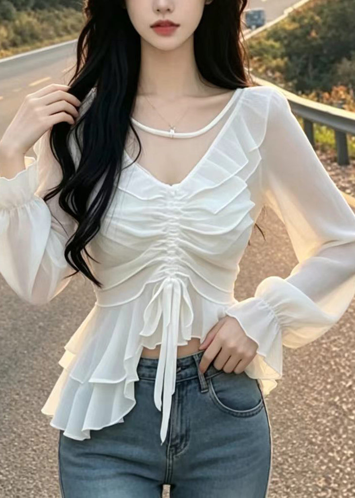 Beautiful White Ruffled Drawstring Chiffon Shirt Tops Puff Sleeve