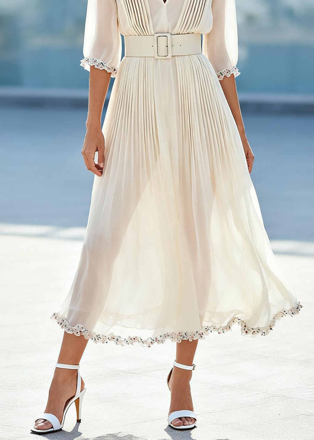 Beautiful White Ruffled Floral Chiffon Maxi Dresses Summer