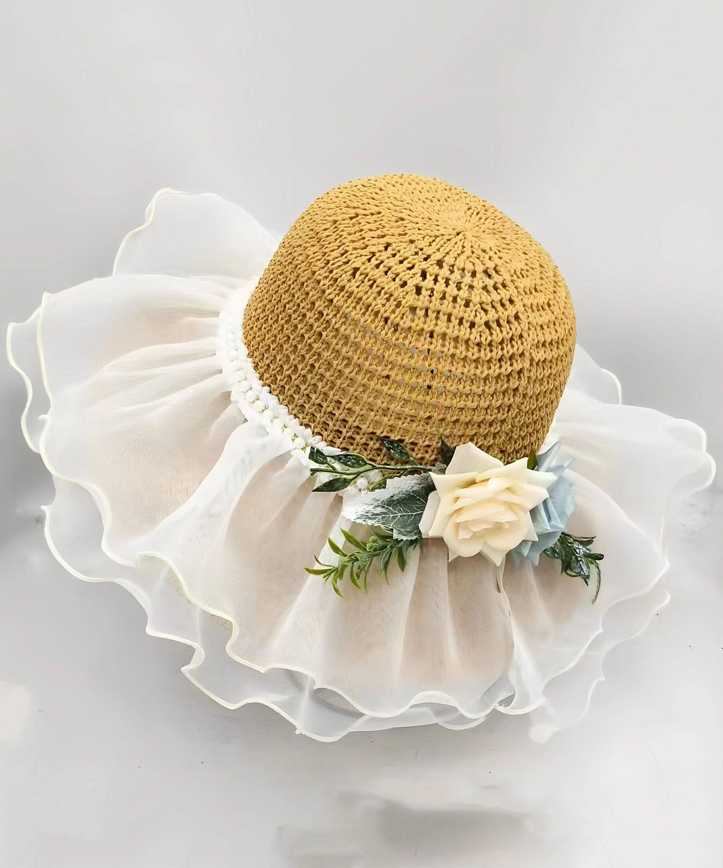 Beautiful White Ruffled Floral Nail Bead Floppy Sun Hat