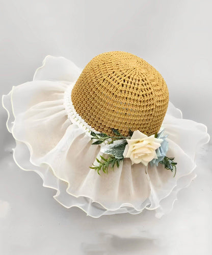 Beautiful White Ruffled Floral Nail Bead Floppy Sun Hat