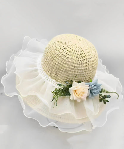 Beautiful White Ruffled Floral Nail Bead Floppy Sun Hat