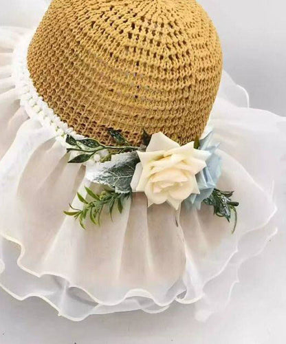 Beautiful White Ruffled Floral Nail Bead Floppy Sun Hat