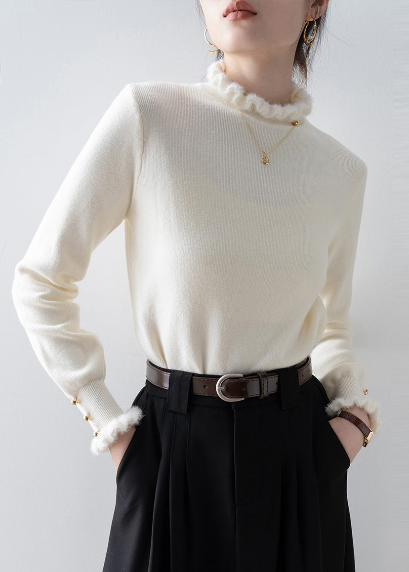 Beautiful White Ruffled Patchwork Faux Fur Sweaters Winter