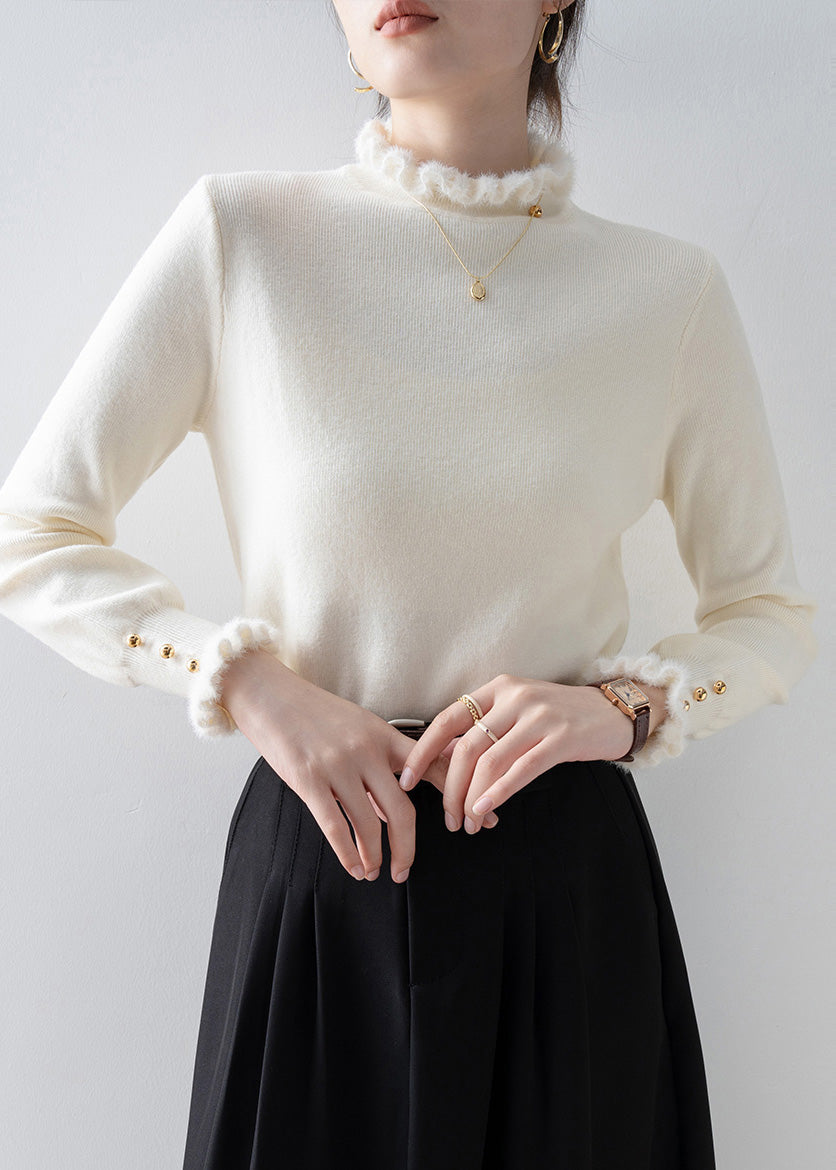 Beautiful White Ruffled Patchwork Faux Fur Sweaters Winter