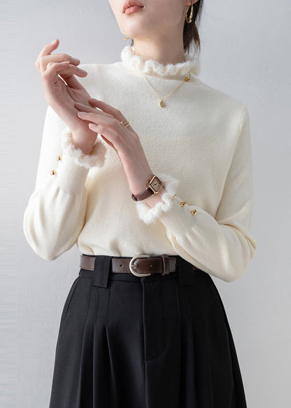 Beautiful White Ruffled Patchwork Faux Fur Sweaters Winter