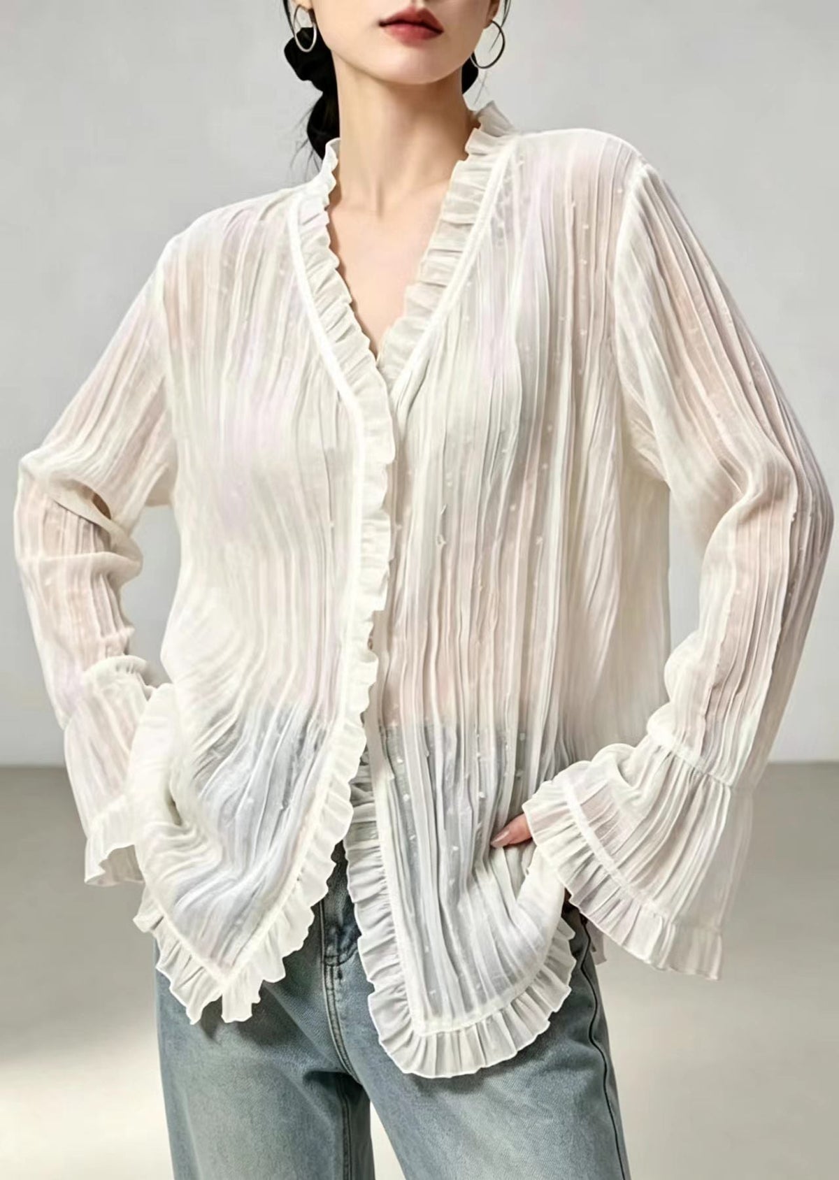 Beautiful White Ruffled Sheer Textured Blouse Top Flare Sleeve