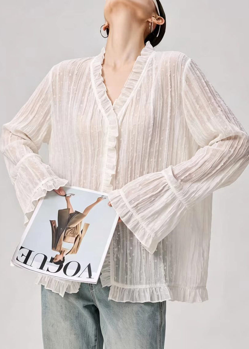 Beautiful White Ruffled Sheer Textured Blouse Top Flare Sleeve