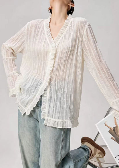 Beautiful White Ruffled Sheer Textured Blouse Top Flare Sleeve