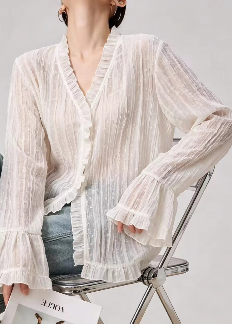 Beautiful White Ruffled Sheer Textured Blouse Top Flare Sleeve