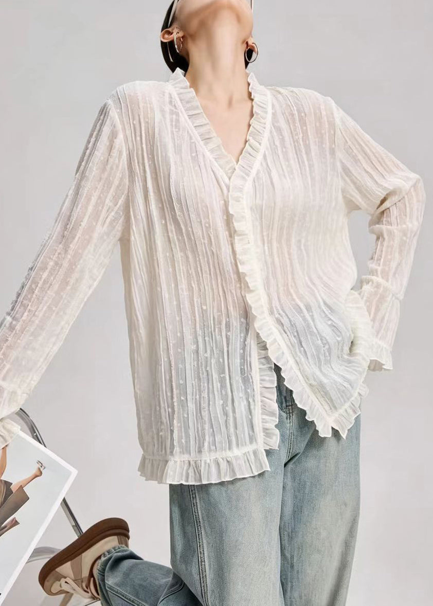 Beautiful White Ruffled Sheer Textured Blouse Top Flare Sleeve