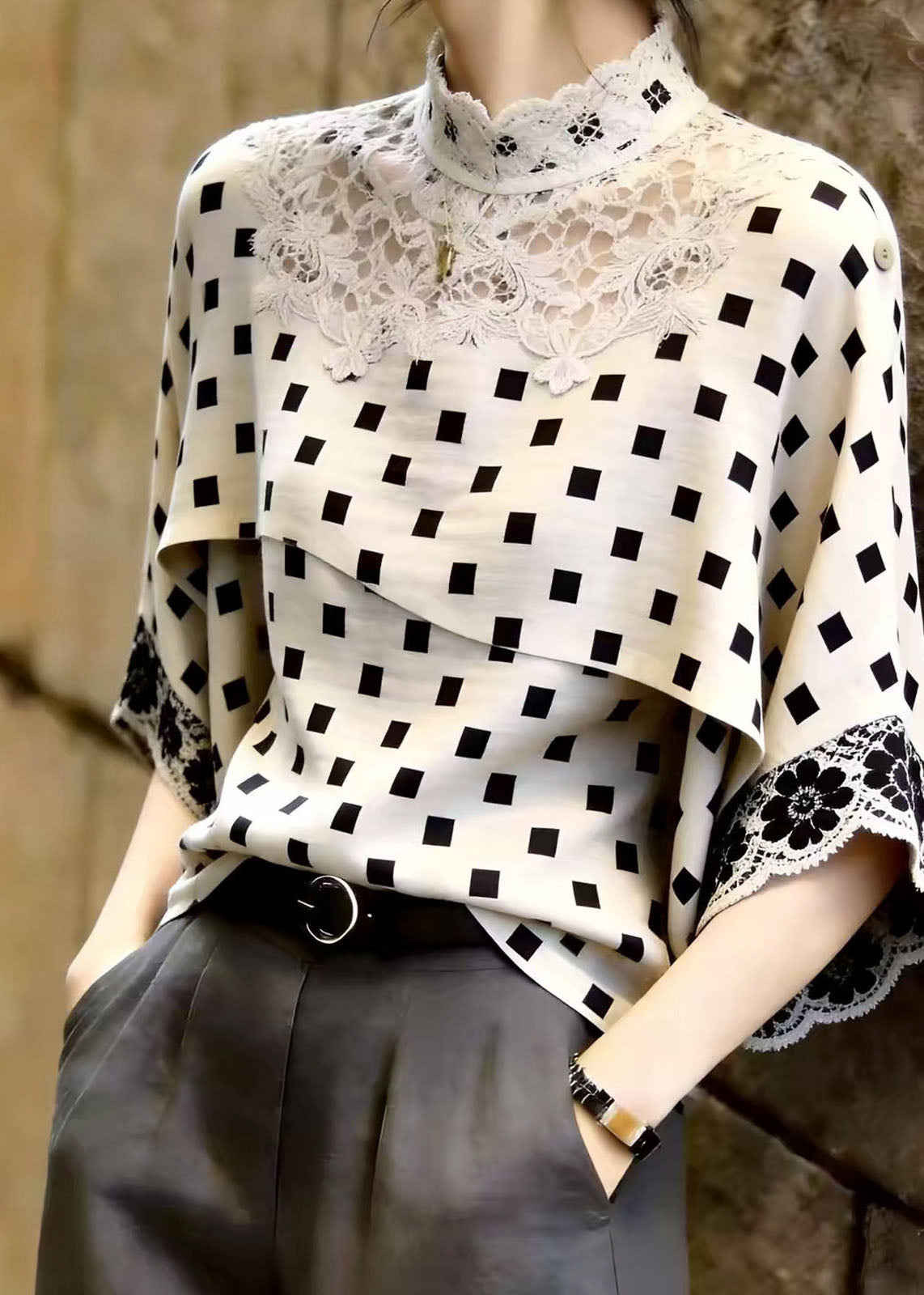 Beautiful White Stand Collar Patchwork Lace Shirt Tops Summer