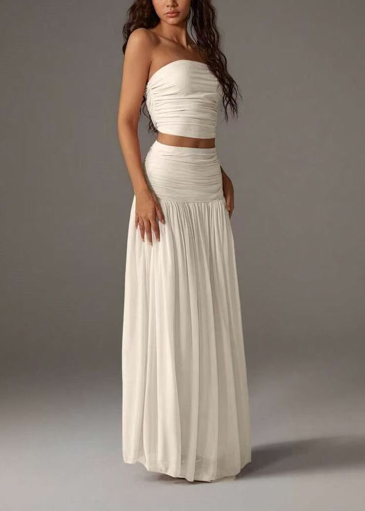 Beautiful White Strapless Wrinkled Cotton Two Pieces Set Summer