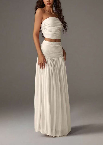 Beautiful White Strapless Wrinkled Cotton Two Pieces Set Summer