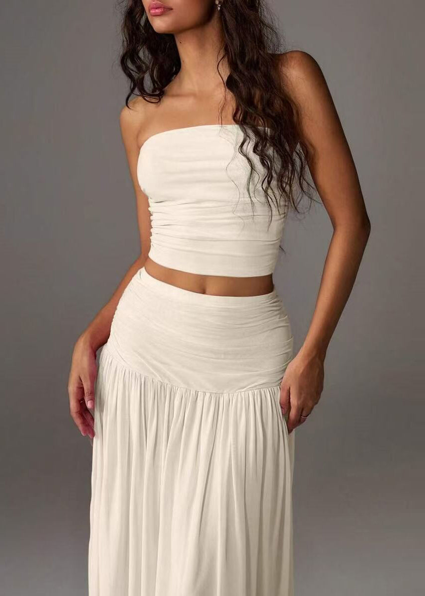Beautiful White Strapless Wrinkled Cotton Two Pieces Set Summer