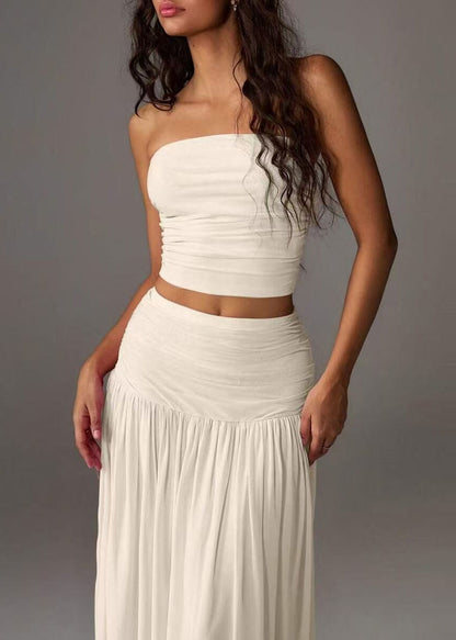 Beautiful White Strapless Wrinkled Cotton Two Pieces Set Summer