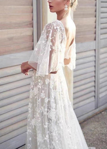 Beautiful White V Neck Backless Tulle Lace Long Dress Summer