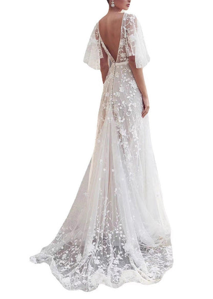 Beautiful White V Neck Backless Tulle Lace Long Dress Summer