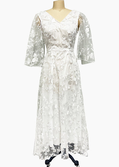 Beautiful White V Neck Backless Tulle Lace Long Dress Summer