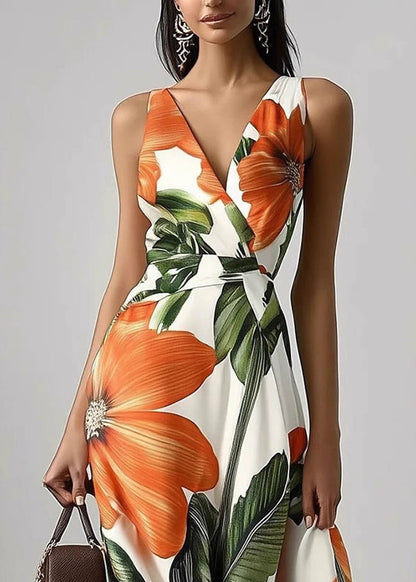 Beautiful White V Neck Exra Large Hem Print Holiday Dress Sleeveless