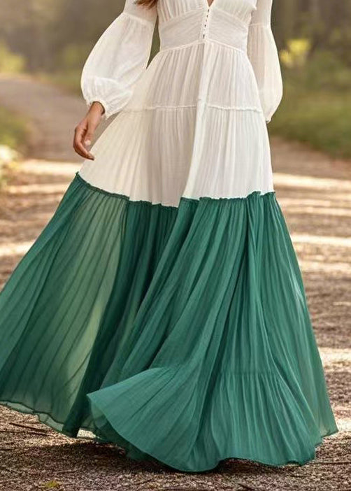Beautiful White V Neck Patchwork Exra Large Hem Cotton Pleated Dresses Spring