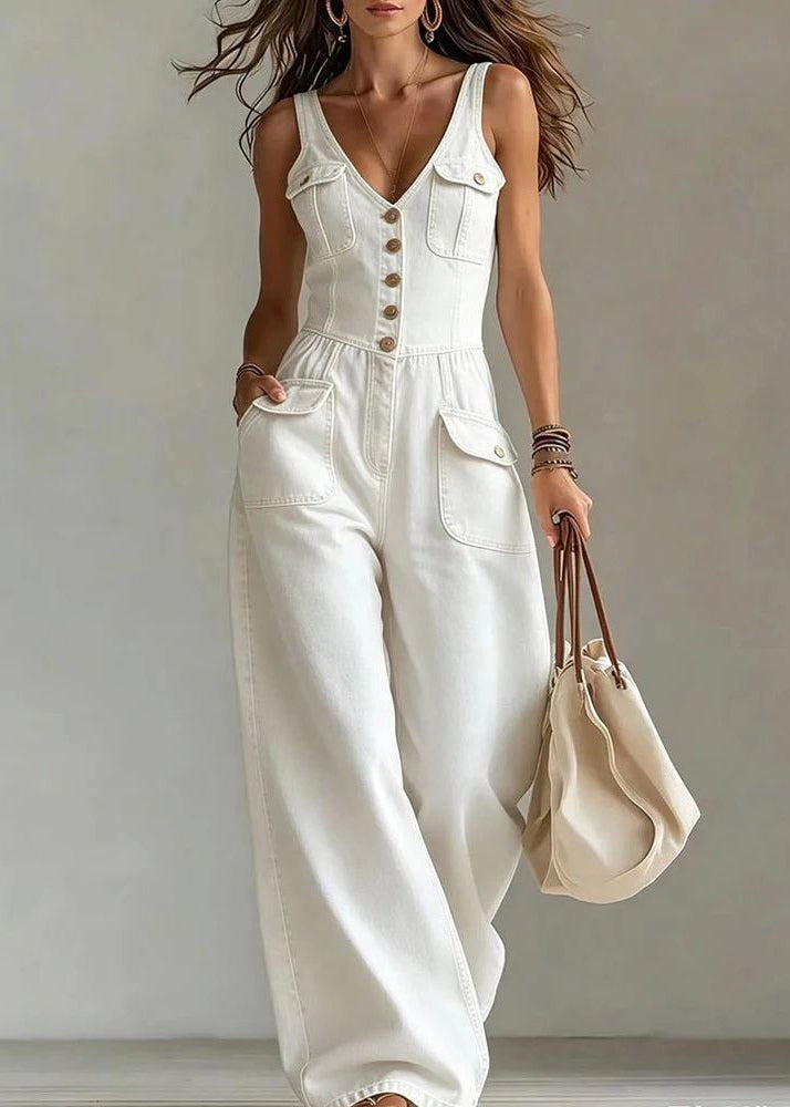 Beautiful White V Neck Pockets Denim Jumpsuits Summer