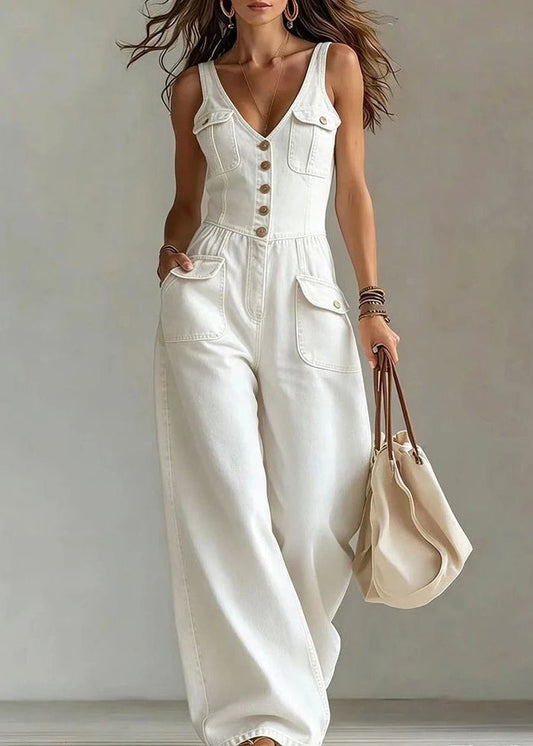 Beautiful White V Neck Pockets Denim Jumpsuits Summer