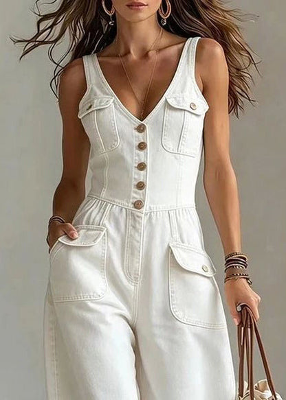 Beautiful White V Neck Pockets Denim Jumpsuits Summer