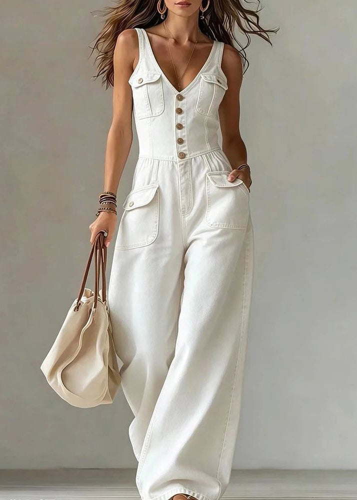 Beautiful White V Neck Pockets Denim Jumpsuits Summer