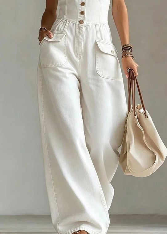 Beautiful White V Neck Pockets Denim Jumpsuits Summer